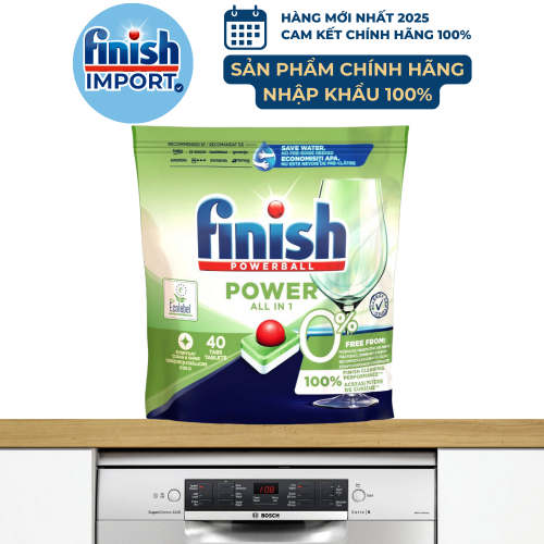 Túi 40 viên Finish All in 1 Max 2023, 10 tính năng, 0% Ecolabel EU, thân thiện môi trường, an toàn cho gia đình có trẻ nhỏ, máy 9-13 bộ